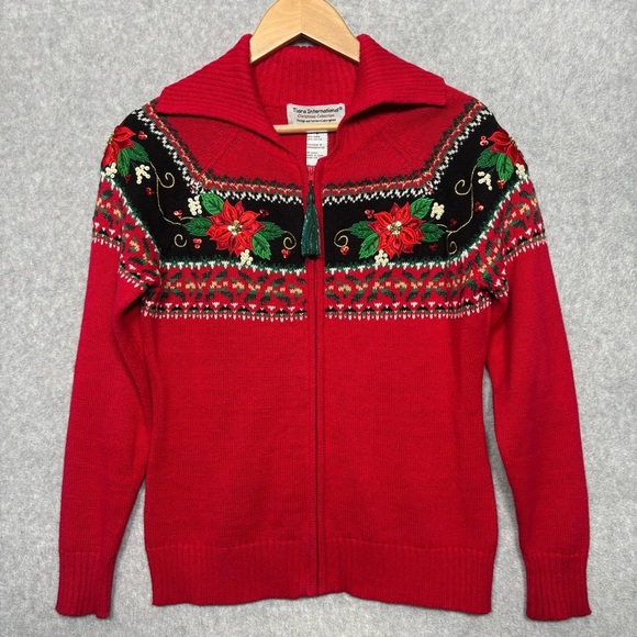 Tiara International Christmas Zip Front Cardigan Sweater-Red Poinsettia-Women S - Picture 2 of 7